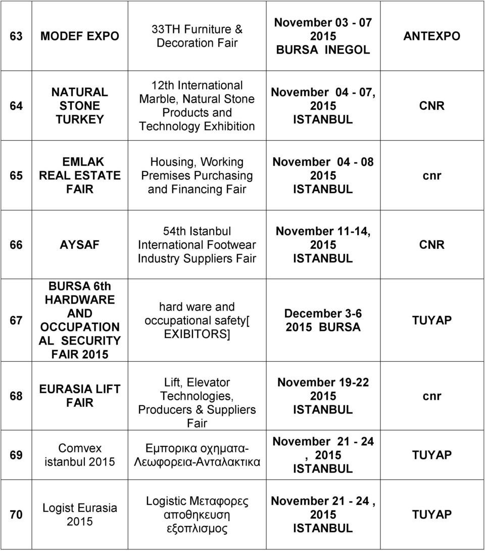 Fair November 11-14, 67 6th HARDWARE AND OCCUPATION AL SECURITY hard ware and occupational safety[ EXIBITORS] December 3-6 68 69 EURASIA LIFT Comvex istanbul Lift, Elevator