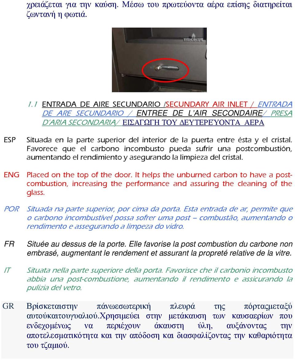 interior de la puerta entre ésta y el cristal. Favorece que el carbono incombusto pueda sufrir una postcombustión, aumentando el rendimiento y asegurando la limpieza del cristal.