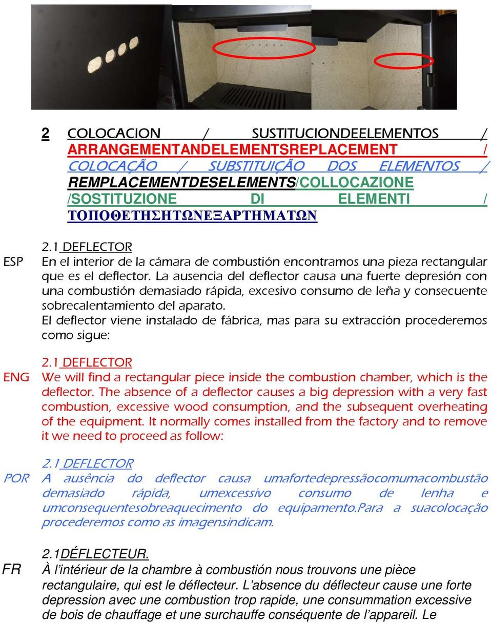 La ausencia del deflector causa una fuerte depresión con una combustión demasiado rápida, excesivo consumo de leña y consecuente sobrecalentamiento del aparato.