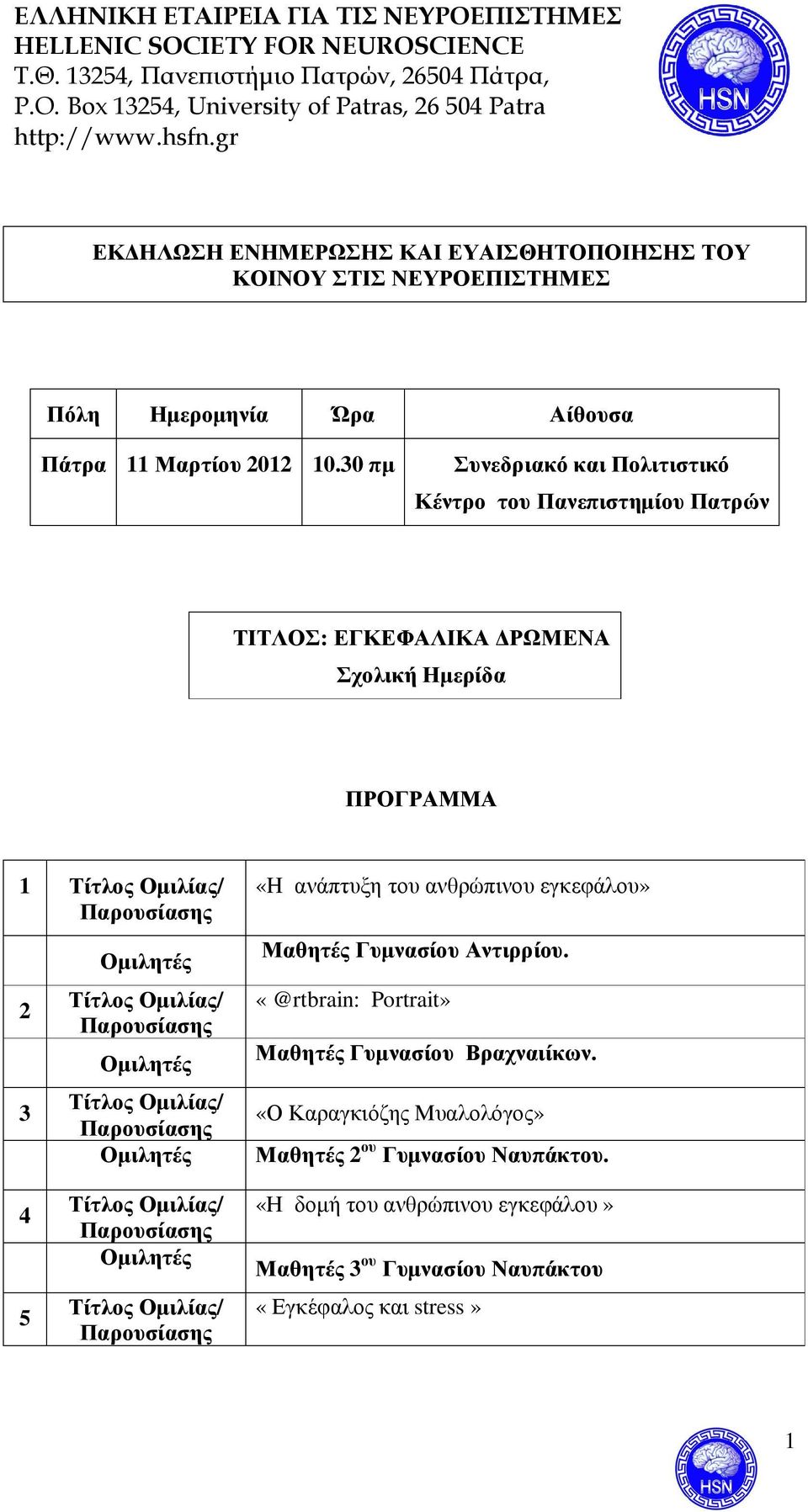 Οµιλίας/ Παρουσίασης Οµιλητές Τίτλος Οµιλίας/ Παρουσίασης Οµιλητές «H ανάπτυξη του ανθρώπινου εγκεφάλου» Μαθητές Γυµνασίου Αντιρρίου.