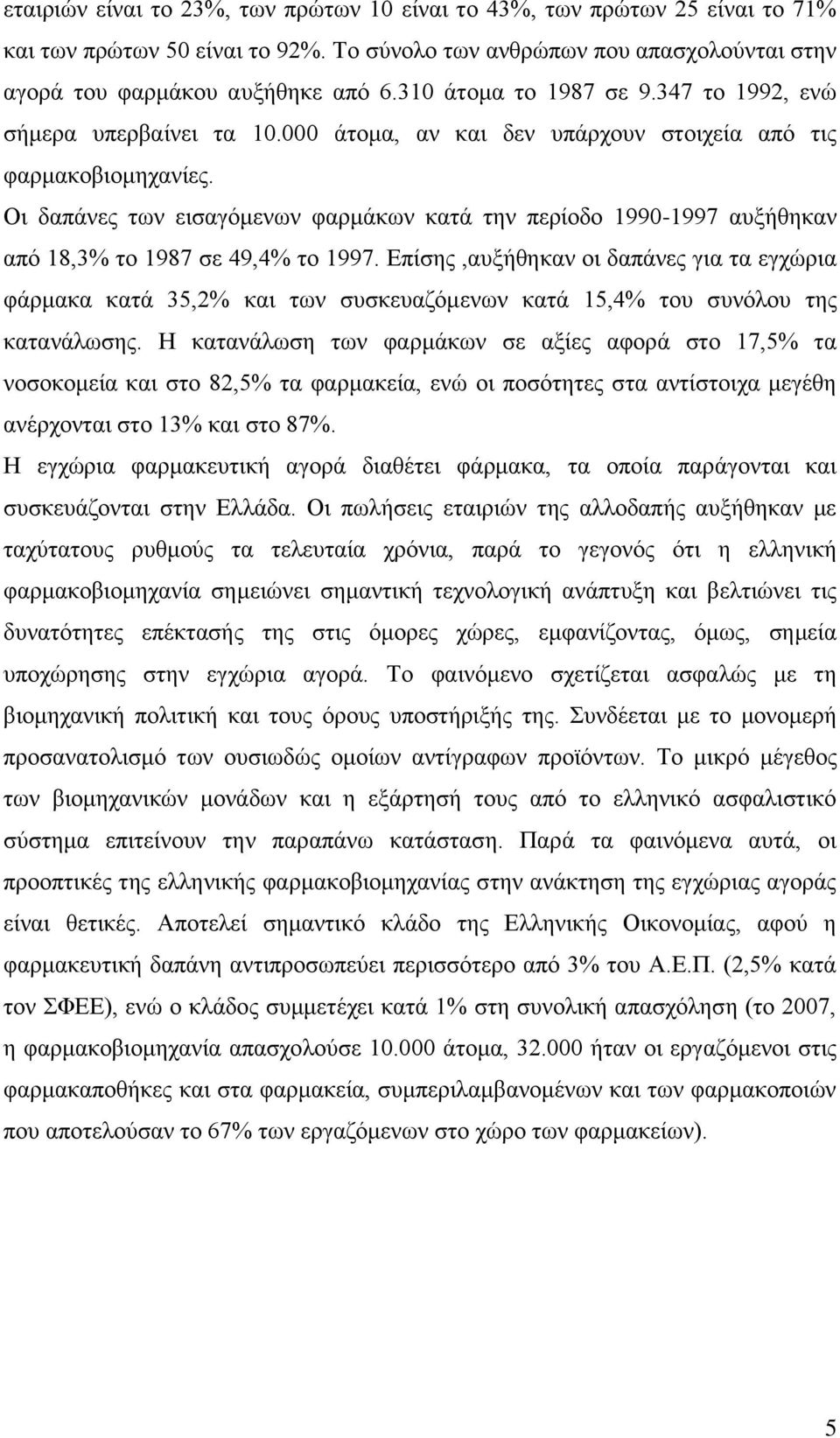 Οι δαπάνες των εισαγόμενων φαρμάκων κατά την περίοδο 1990-1997 αυξήθηκαν από 18,3% το 1987 σε 49,4% το 1997.