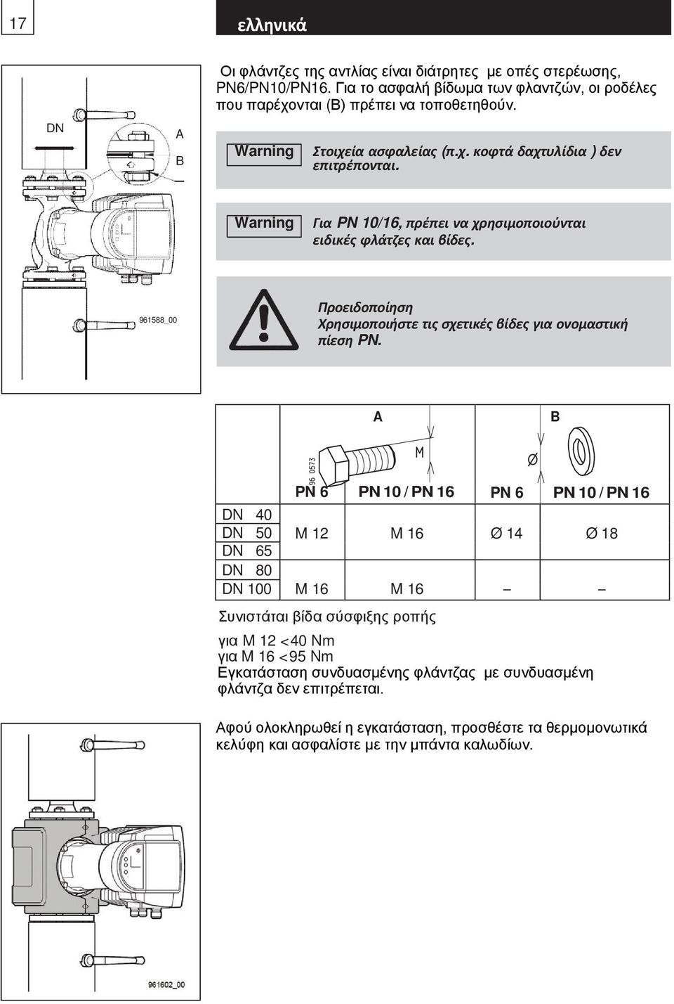 961588_00 Χρησιμοποιήστε τις σχετικές βίδες για ονομαστική πίεση PN.
