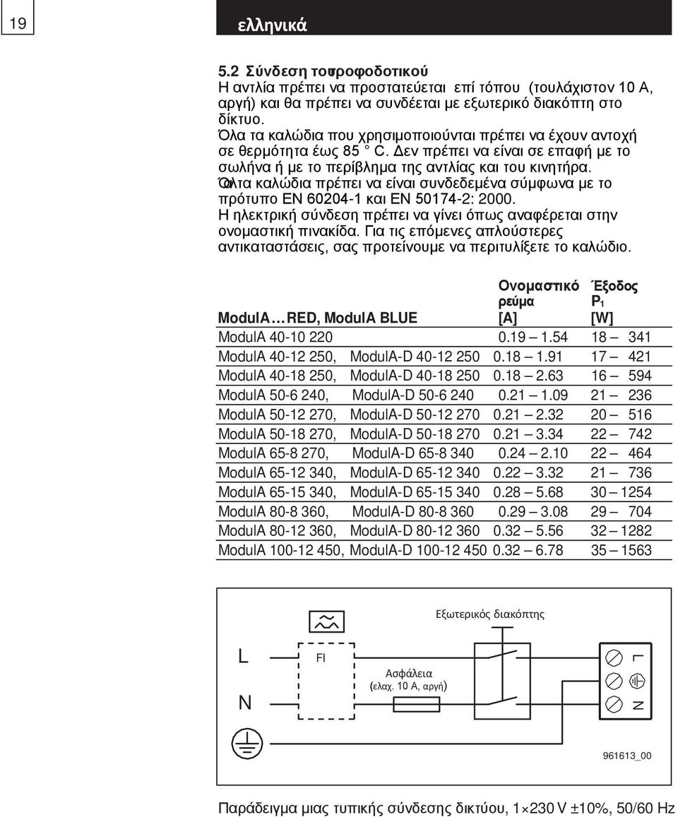 Όλ α τα καλώδια πρέπει να είναι συνδεδεμένα σύμφωνα με το πρότυπο EN 60204-1 και EN 50174-2: 2000. Η ηλεκτρική σύνδεση πρέπει να γίνει όπως αναφέρεται στην ονομαστική πινακίδα.
