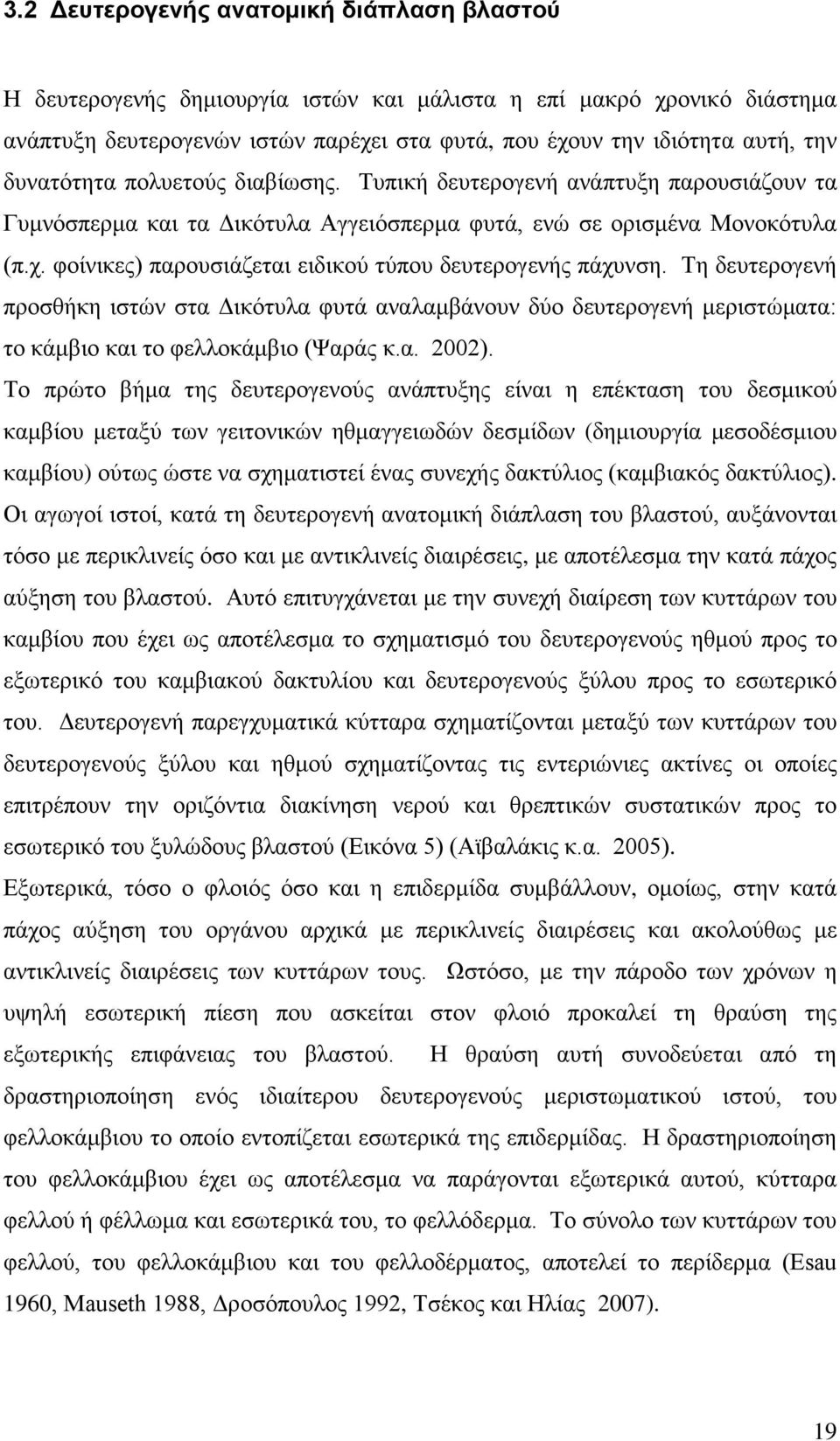 φοίνικες) παρουσιάζεται ειδικού τύπου δευτερογενής πάχυνση. Τη δευτερογενή προσθήκη ιστών στα Δικότυλα φυτά αναλαμβάνουν δύο δευτερογενή μεριστώματα: το κάμβιο και το φελλοκάμβιο (Ψαράς κ.α. 2002).