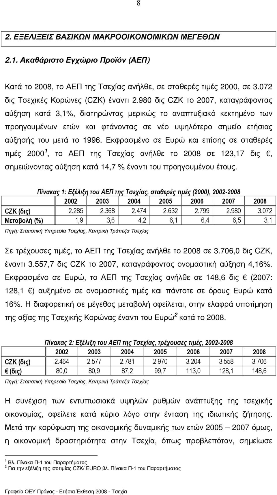 Εκφρασµένο σε Ευρώ και επίσης σε σταθερές τιµές 2000 1, το ΑΕΠ της Τσεχίας ανήλθε το 2008 σε 123,17 δις, σηµειώνοντας αύξηση κατά 14,7 % έναντι του προηγουµένου έτους.