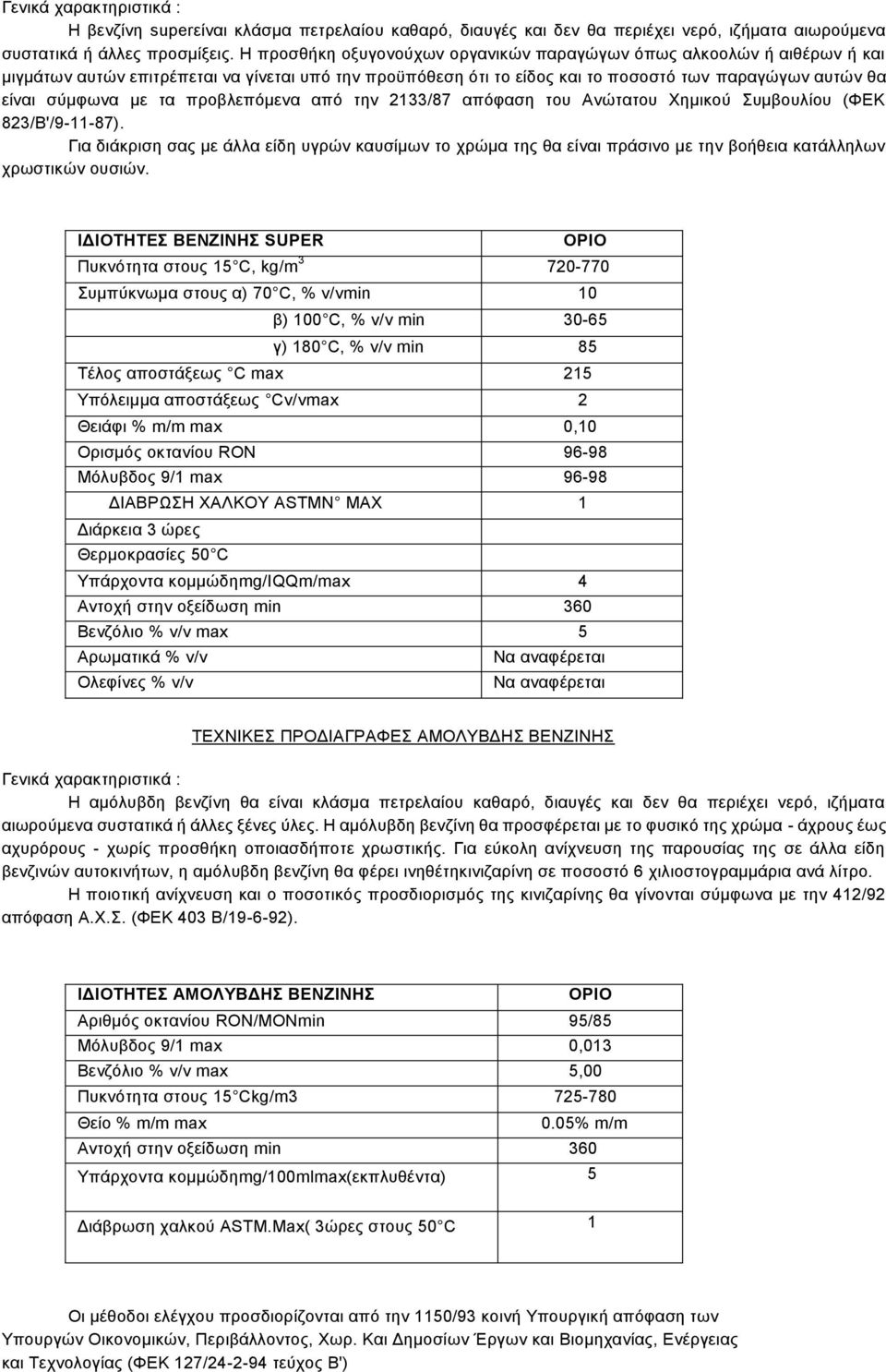 τα προβλεπόμενα από την 2133/87 απόφαση του Ανώτατου Χημικού Συμβουλίου (ΦΕΚ 823/Β'/9-11-87).