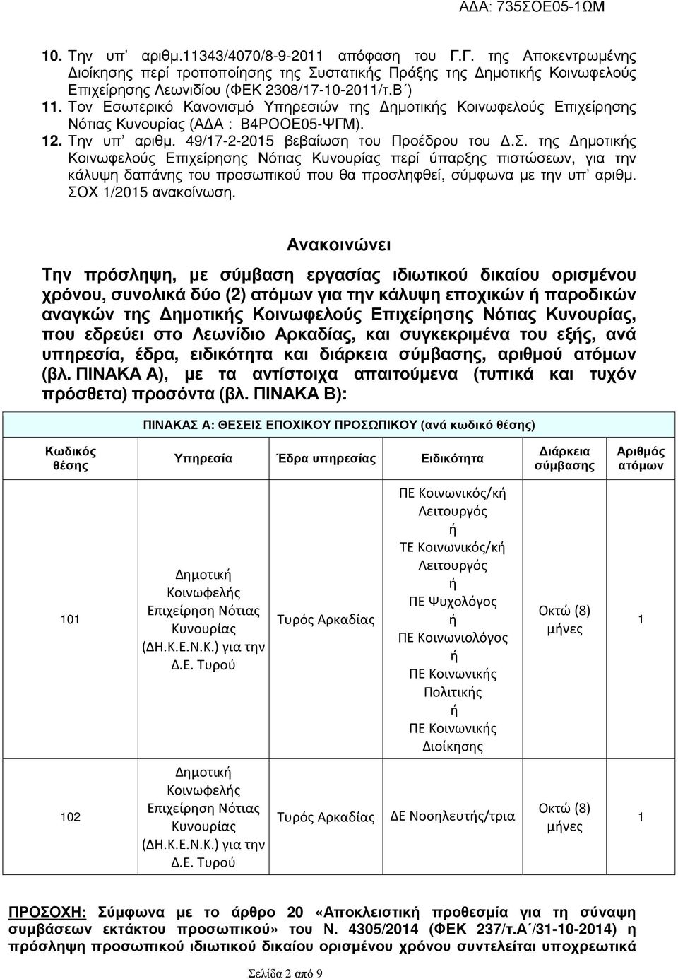 ΣΟΧ 1/2015 ανακοίνωση.