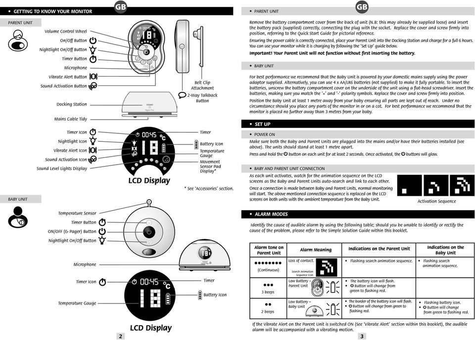 Quick Start Guide for pictorial reference Ensuring the power cable is correctly connected place your Parent Unit into the Docking Station and charge for a full 6 hours You can use your monitor while