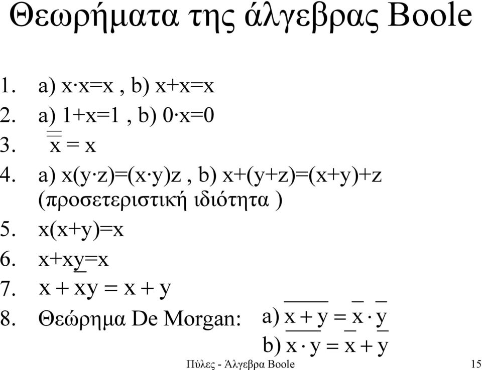 a) x(y z)=(x y)z, b) x+(y+z)=(x+y)+z (προσετεριστική ιδιότητα ) 5.