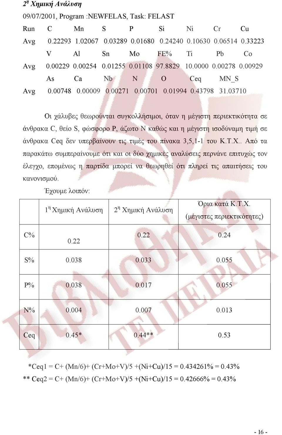 03710 Οι χάλυβες θεωρούνται συγκολλήσιμοι, όταν η μέγιστη περιεκτικότητα σε άνθρακα C, θείο S, φώσφορο P, άζωτο Ν καθώς και η μέγιστη ισοδύναμη τιμή σε άνθρακα Ceq δεν υπερβαίνουν τις τιμές του