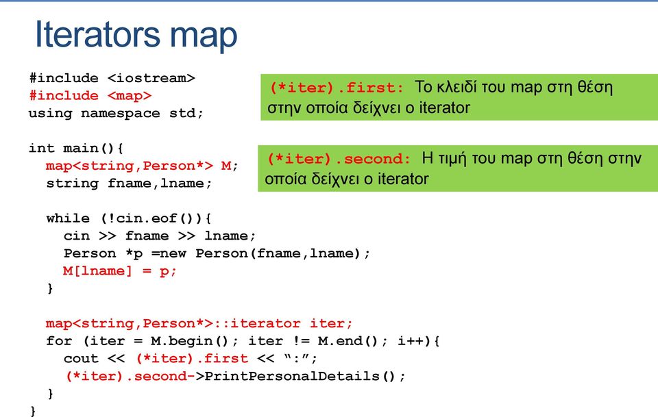 second: Η τιμή του map στη θέση στην οποία δείχνει ο iterator while (!cin.