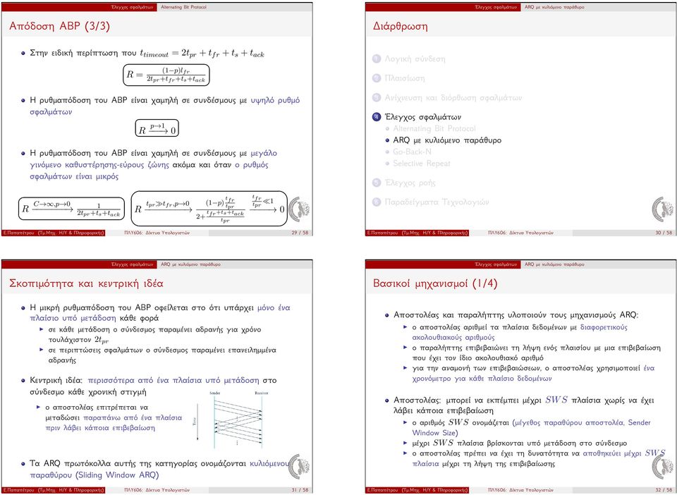 2+ t fr +ts+t ack tpr t fr tpr 1 0 1 Λογική σύνδεση 2 Πλαισίωση 3 Ανίχνευση και διόρθωση σφαλμάτων 4 5 Έλεγχος ροής 6 Παραδείγματα Τεχνολογιών ΕΠαπαπέτρου (ΤμΜηχ Η/Υ & Πληροφορικής) ΠΛΥ606: Δίκτυα
