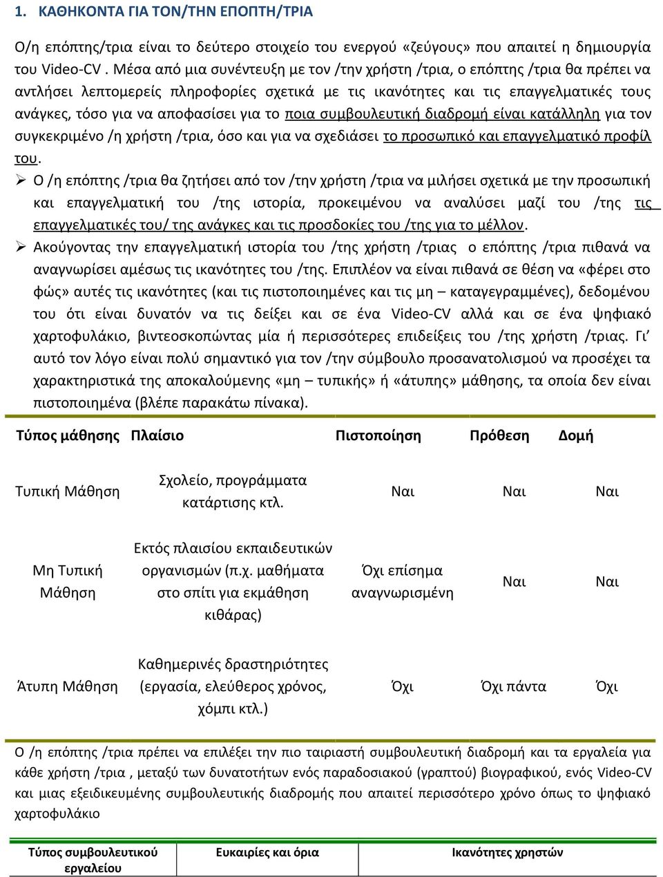 για το ποια συμβουλευτική διαδρομή είναι κατάλληλη για τον συγκεκριμένο /η χρήστη /τρια, όσο και για να σχεδιάσει το προσωπικό και επαγγελματικό προφίλ του.