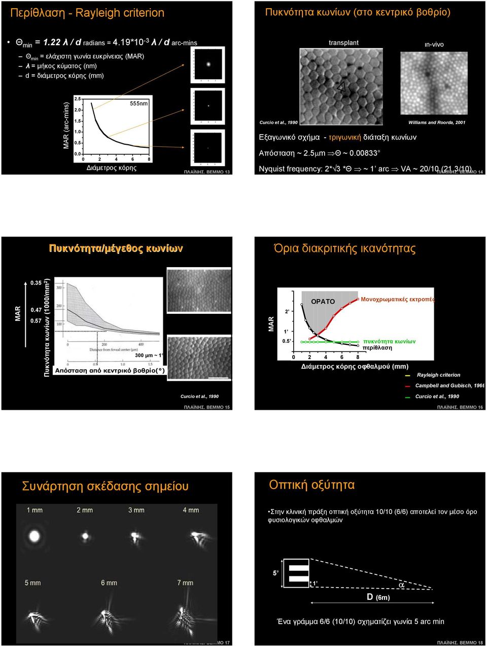 0 0 2 4 8 ιάµετρος κόρης 555nm ΠΛAΪNHΣ, BEMMO 13 Curcio et al., 1990 Williams and Roorda, 2001 Eξαγωνικό σχήµα - τριγωνική διάταξη κωνίων Απόσταση ~ 2.5µm Θ ~ 0.