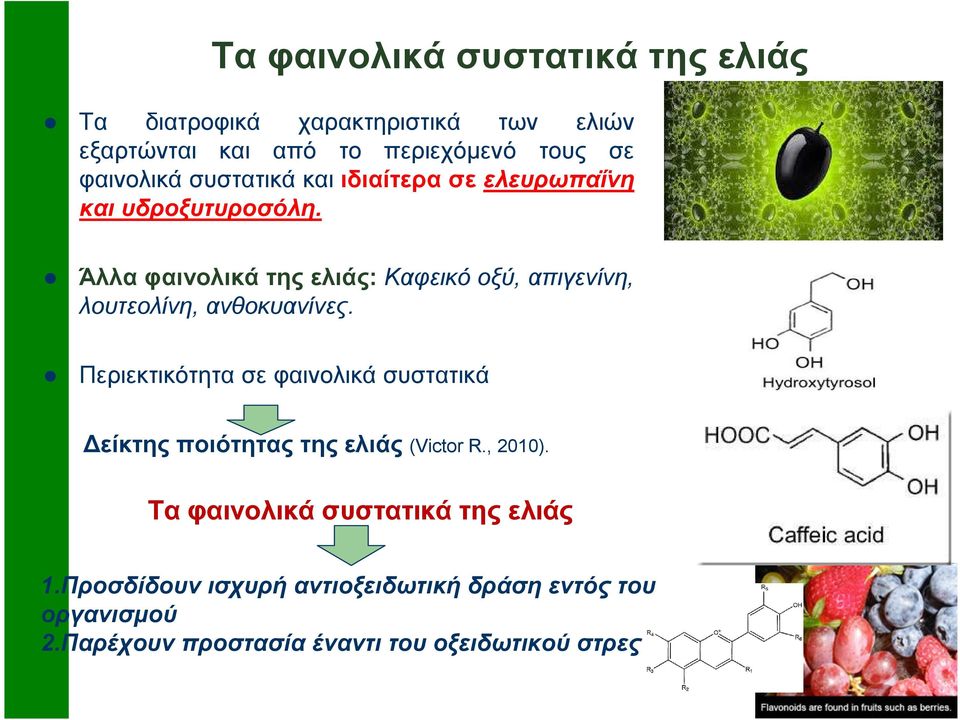 Άλλα φαινολικά της ελιάς: Καφεικό οξύ, απιγενίνη, λουτεολίνη, ανθοκυανίνες.