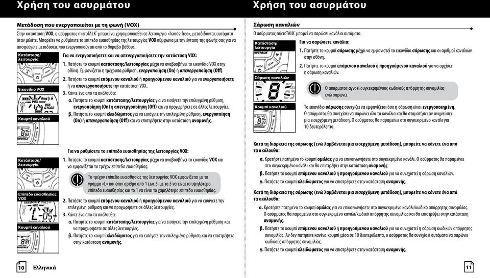 Για να ενεργοποιήσετε και να απενεργοποιήσετε την κατάσταση VOX: 1. Πατήστε το κουμπί κατάστασης/ς μέχρι να αναβοσβήνει το εικονίδιο VOX στην οθόνη.