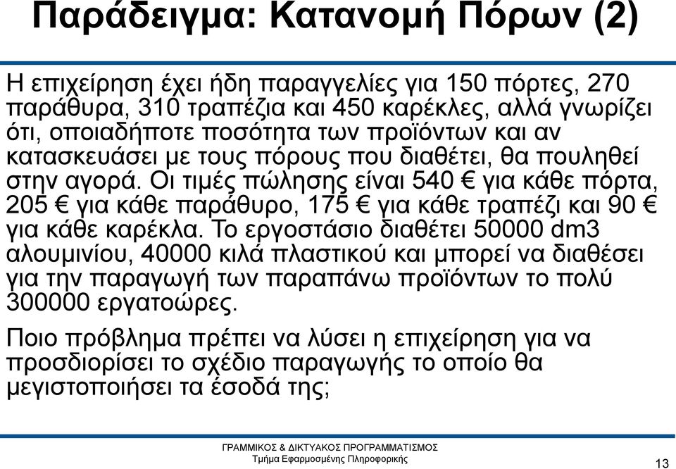 Οι τιμές πώλησης είναι 540 για κάθε πόρτα, 205 για κάθε παράθυρο, 175 για κάθε τραπέζι και 90 για κάθε καρέκλα.