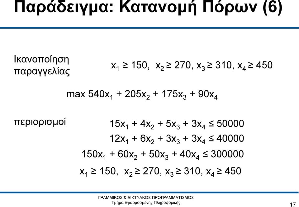 περιορισμοί 15x 1 + 4x 2 + 5x 3 + 3x 4 50000 12x 1 + 6x 2 + 3x 3 + 3x