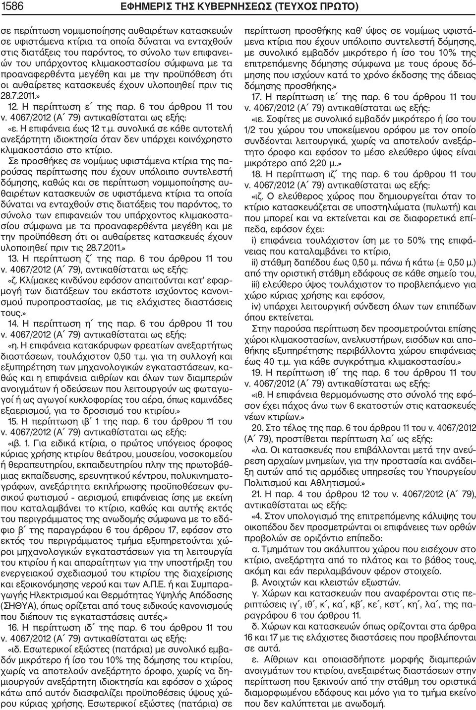 6 του άρθρου 11 του ν. 4067/2012 (Α 79) αντικαθίσταται ως εξής: «ε. Η επιφάνεια έως 12 τ.μ. συνολικά σε κάθε αυτοτελή ανεξάρτητη ιδιοκτησία όταν δεν υπάρχει κοινόχρηστο κλιμακοστάσιο στο κτίριο.