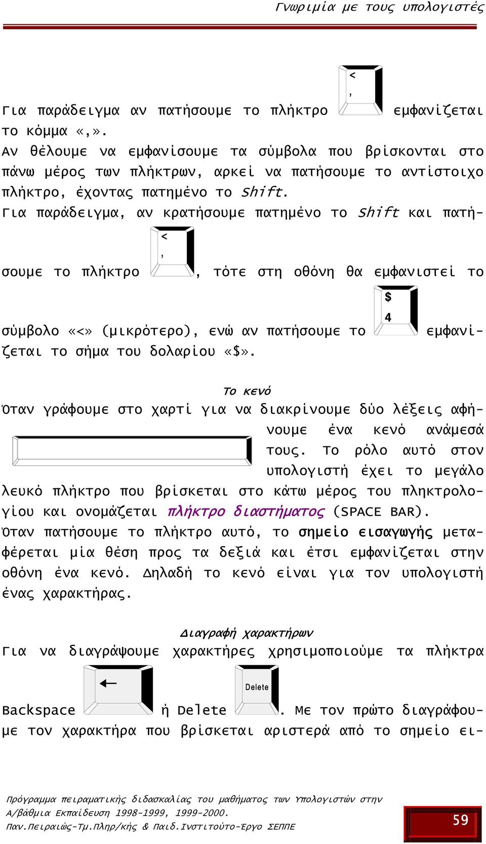 Για παράδειγµα, αν κρατήσουµε πατηµένο το Shift και πατήσουµε το πλήκτρο, τότε στη οθόνη θα εµφανιστεί το εµφανί- σύµβολο «<» (µικρότερο), ενώ αν πατήσουµε το ζεται το σήµα του δολαρίου «$».