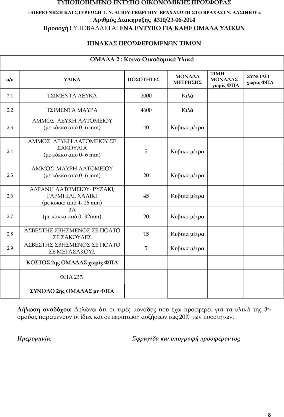 3 ΑΜΜΟΣ ΛΕΥΚΗ ΛΑΤΟΜΕΙΟΥ (με κόκκο από 0-6 mm) 40 Κυβικά μέτρα 2.4 ΑΜΜΟΣ ΛΕΥΚΗ ΛΑΤΟΜΕΙΟΥ ΣΕ ΣΑΚΟΥΛΙΑ (με κόκκο από 0-6 mm) 5 Κυβικά μέτρα 2.5 2.6 2.