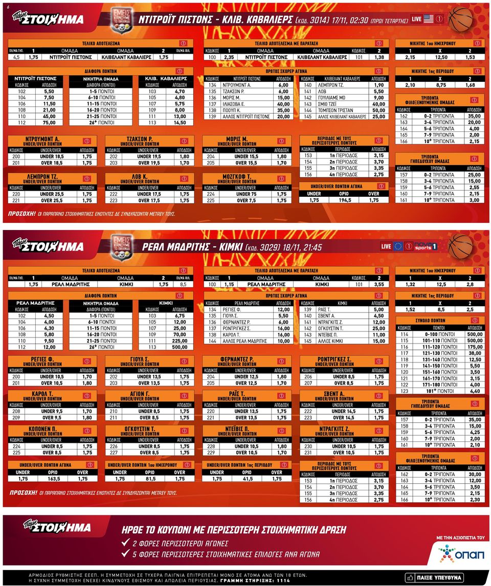 4,50 ΝΤΡΟΥΜΟΝΤ Α. 00 8,5,75 0 8,5,75 ΛΕΜΠΡΟΝ ΤΖ. 0 5,5,75 5,5,75 ΤΖΑΚΣΟΝ Ρ. 0 9,5,80 03 9,5,70 ΛΟΒ Κ. 7,5,75 3 7,5,75 ΠΡΟΣΟΗ! Οι παραπάνω στοιχηματικές ενότητες Δε συνδυάζονται μεταξύ τους.