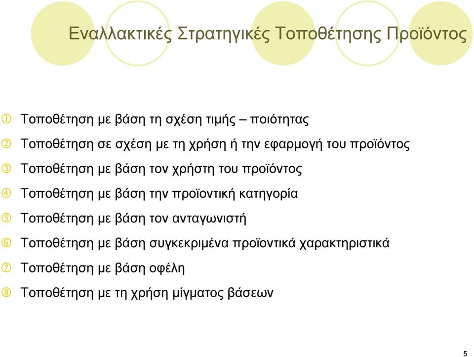 προϊόντος Τοποθέτηση με βάση την προϊοντική κατηγορία Τοποθέτηση με βάση τον ανταγωνιστή Τοποθέτηση