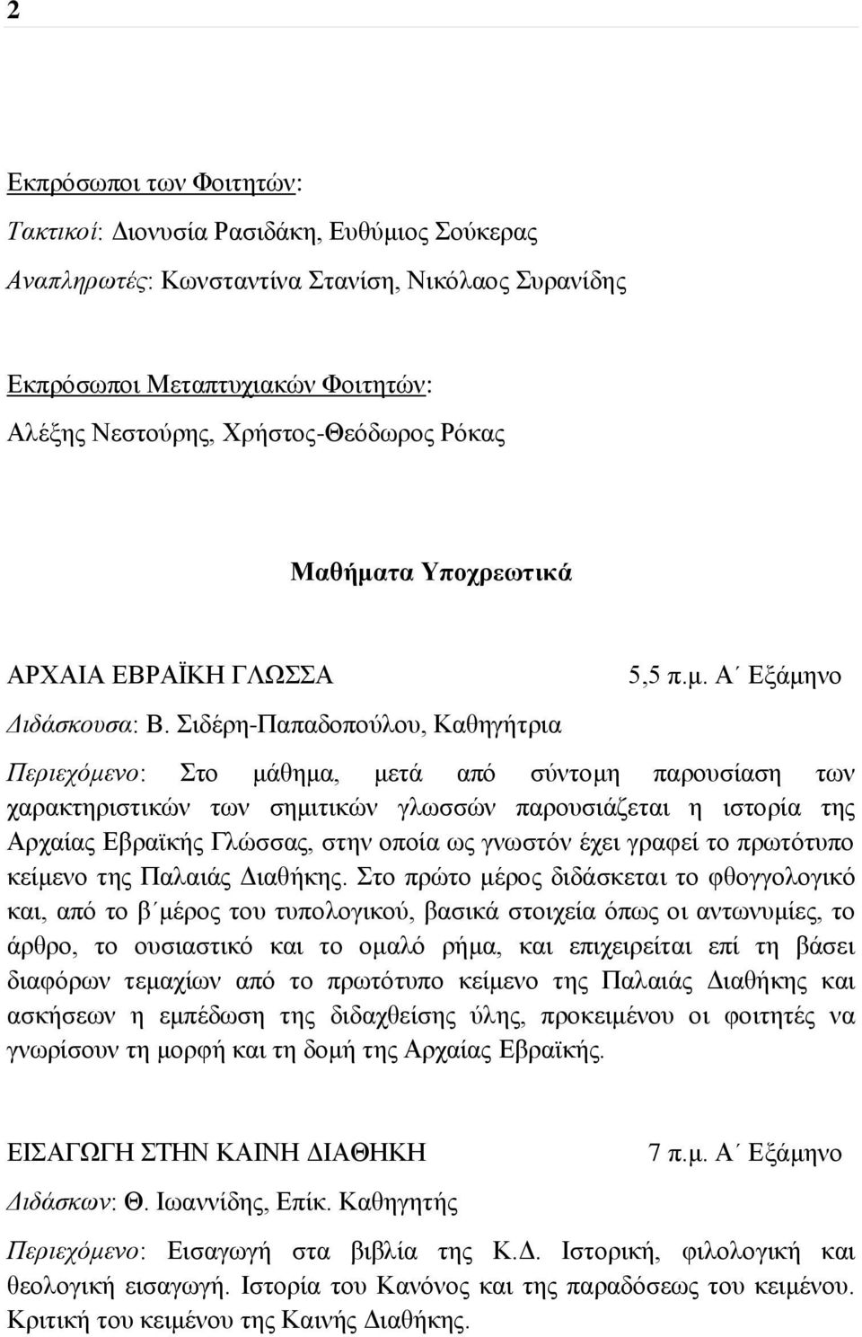 τα Υποχρεωτικά ΑΡΧΑΙΑ ΕΒΡΑΪΚΗ ΓΛΩΣΣΑ Διδάσκουσα: Β. Σιδέρη-Παπαδοπούλου, Καθηγήτρια 5,5 π.μ.