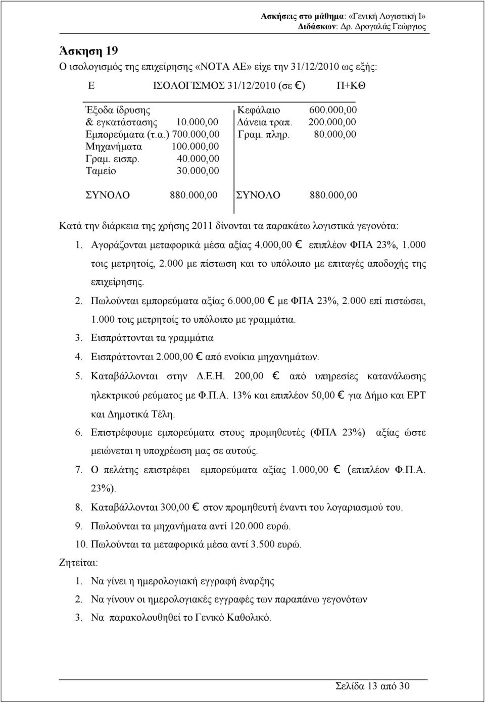 000,00 ΣΥΝΟΛΟ 880.000,00 Κατά την διάρκεια της χρήσης 2011 δίνονται τα παρακάτω λογιστικά γεγονότα: 1. Αγοράζονται µεταφορικά µέσα αξίας 4.000,00 επιπλέον ΦΠΑ 23%, 1.000 τοις µετρητοίς, 2.