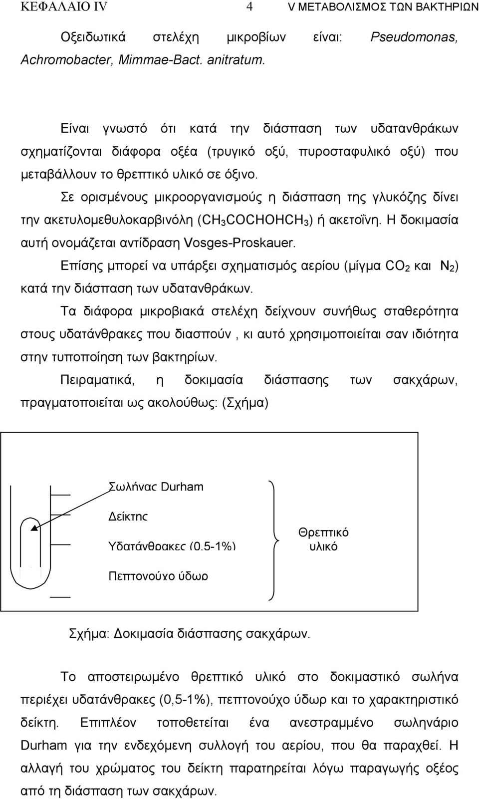 Σε ορισµένους µικροοργανισµούς η διάσπαση της γλυκόζης δίνει την ακετυλοµεθυλοκαρβινόλη (CH 3 COCHOHCH 3 ) ή ακετοΐνη. Η δοκιµασία αυτή ονοµάζεται αντίδραση Vosges-Proskauer.