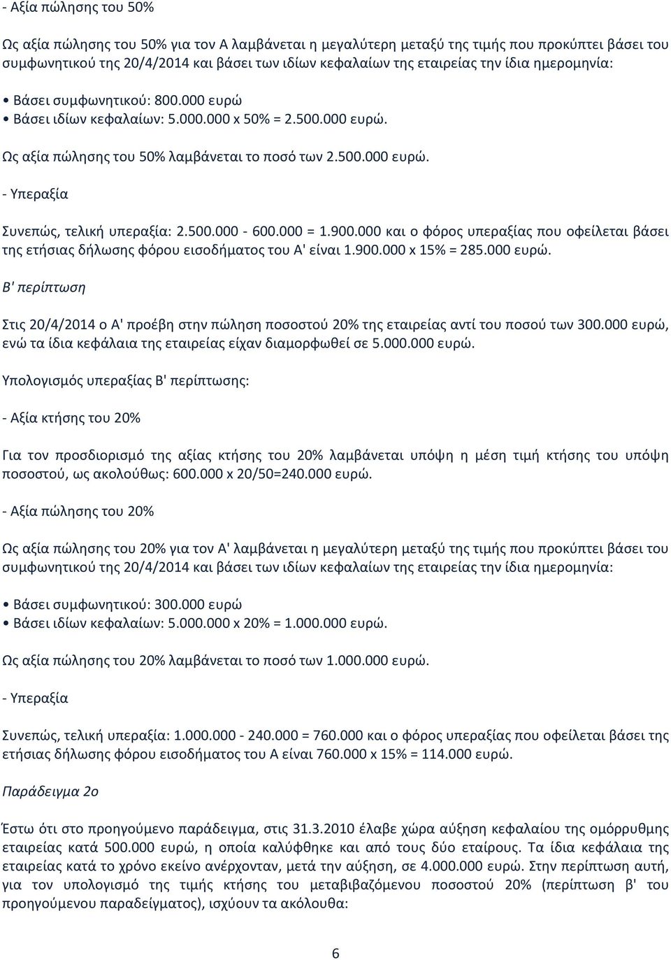 500.000-600.000 = 1.900.000 και ο φόρος υπεραξίας που οφείλεται βάσει της ετήσιας δήλωσης φόρου εισοδήματος του Α' είναι 1.900.000 x 15% = 285.000 ευρώ.