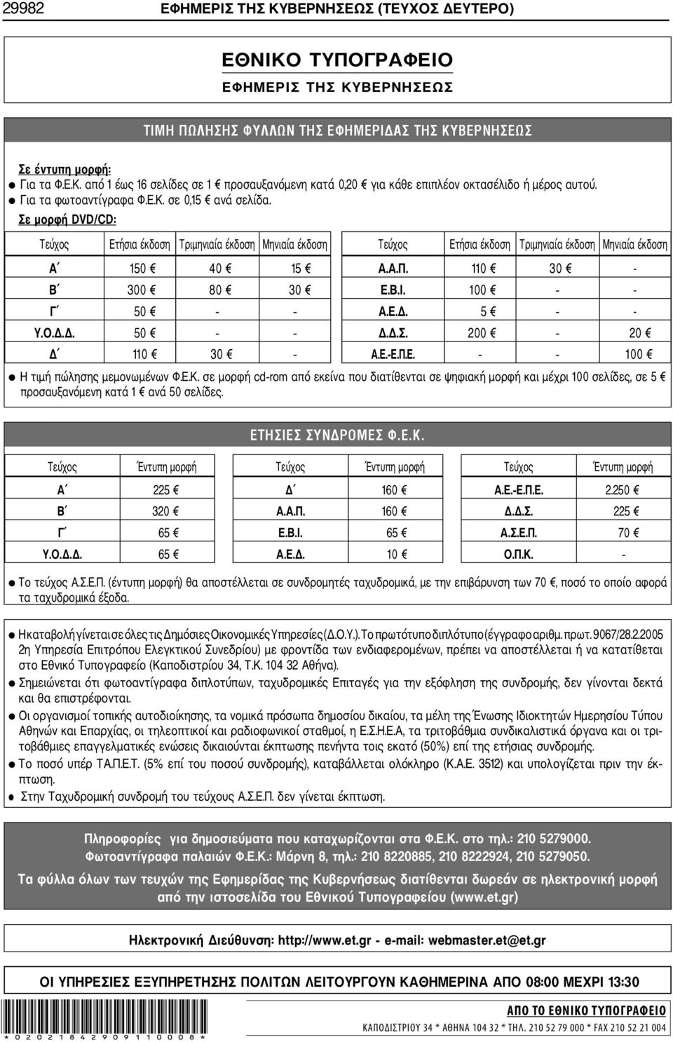 110 30 - Β 300 80 30 Ε.Β.Ι. 100 - Γ 50 Α.Ε.Δ. 5 - Υ.Ο.Δ.Δ. 50 Δ.Δ.Σ. 200 20 Δ 110 30 Α.Ε. Ε.Π.Ε. 100 Η τιμή πώλησης μεμονωμένων Φ.Ε.Κ.