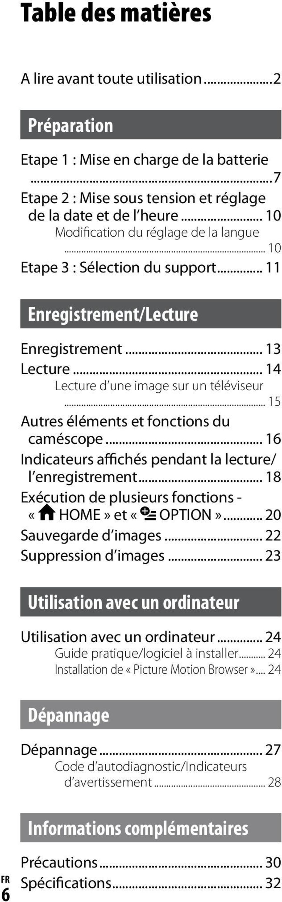 .. 15 Autres éléments et fonctions du caméscope... 16 Indicateurs affichés pendant la lecture/ l enregistrement... 18 Exécution de plusieurs fonctions - «HOME» et «OPTION»... 20 Sauvegarde d images.