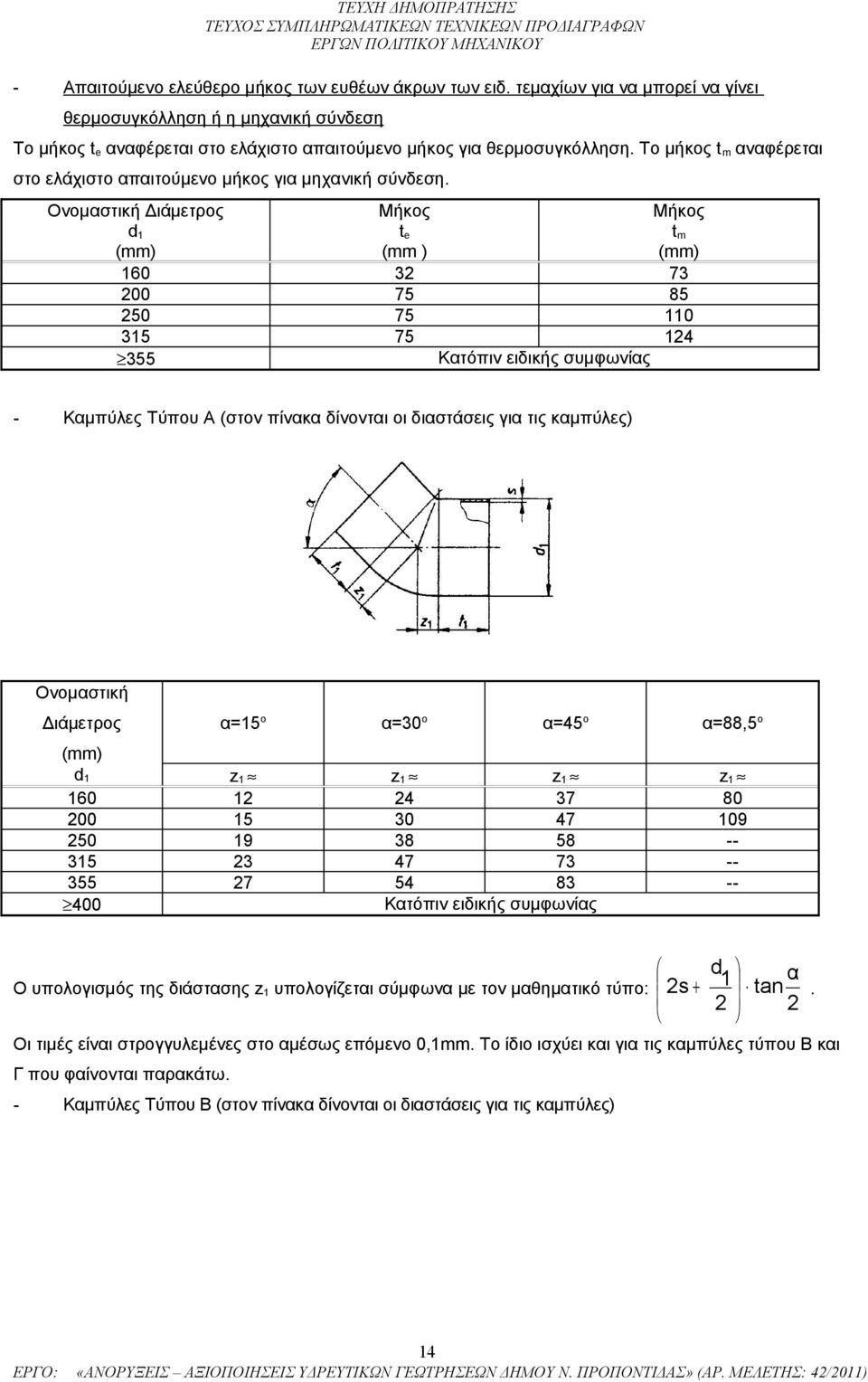 Ονομαστική Διάμετρος d 1 (mm) Μήκος t e (mm ) Μήκος t m (mm) 160 32 73 200 75 85 250 75 110 315 75 124 355 Κατόπιν ειδικής συμφωνίας - Kαμπύλες Tύπου Α (στον πίνακα δίνονται οι διαστάσεις για τις