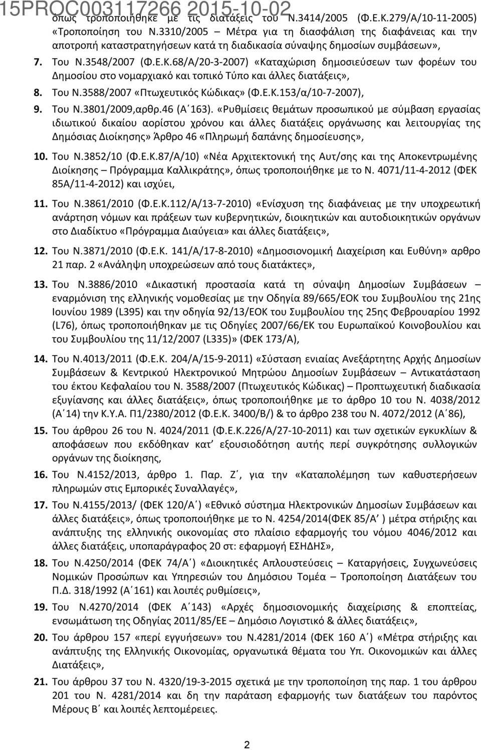 68/Α/20-3-2007) «Καταχώριση δημοσιεύσεων των φορέων του Δημοσίου στο νομαρχιακό και τοπικό Τύπο και άλλες διατάξεις», 8. Του Ν.3588/2007 «Πτωχευτικός Κώδικας» (Φ.Ε.Κ.153/α/10-7-2007), 9. Του Ν.3801/2009,αρθρ.