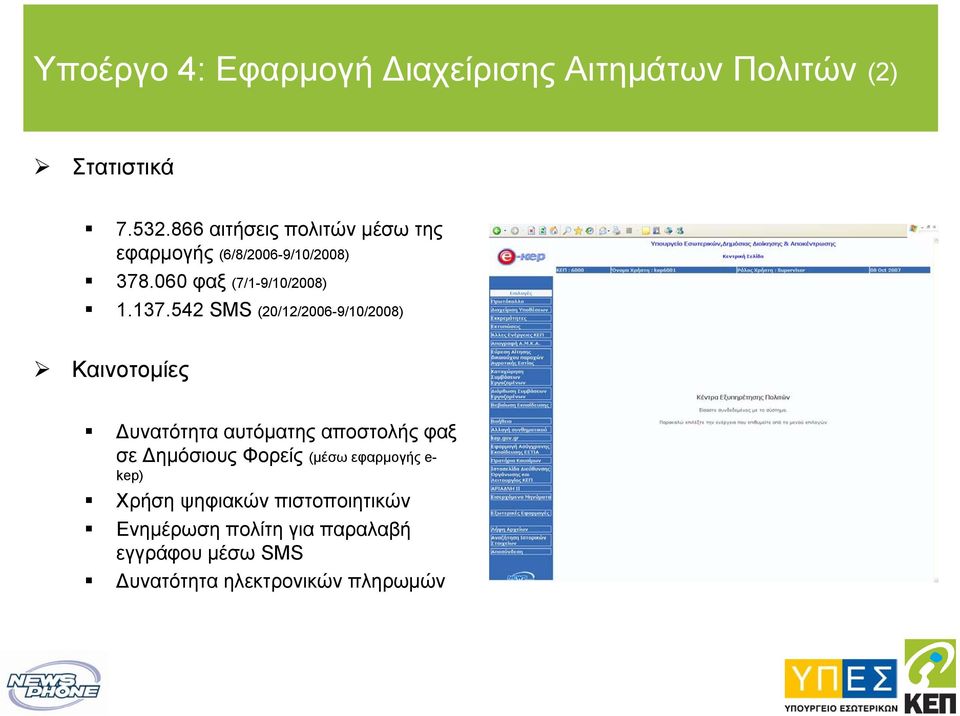 542 SMS (20/12/2006-9/10/2008) Καινοτοµίες υνατότητα αυτόµατης αποστολής φαξ σε ηµόσιους Φορείς