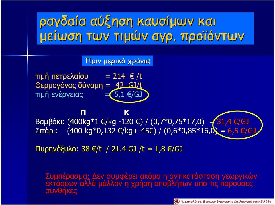 Βαμβάκι: : (400kg kg*1 /kg -120 ) ) / (0,7( 0,7*0,75*17,0) = 31,4 /GJ Σιτάρι: : (400( kg*0,132 /kg+-45 ) / (0,(