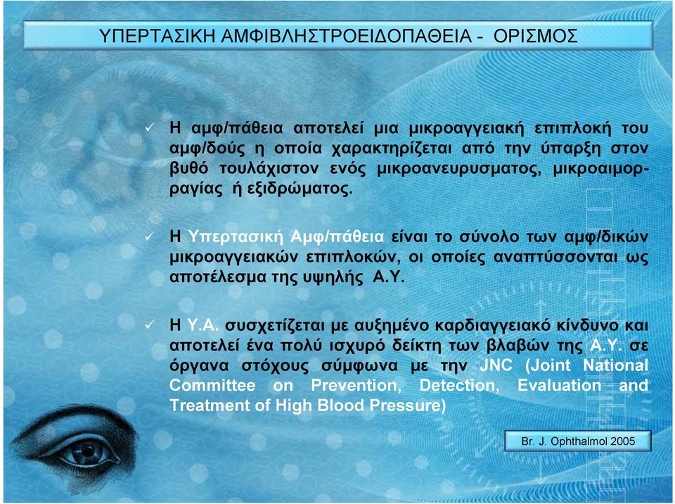 Η Υπερτασική Αμφ/πάθεια είναι το σύνολο των αμφ/δικών μικροαγγειακών επιπλοκών, οι οποίες αναπτύσσονται ως αποτέλεσμα της υψηλής Α.Υ. Η Υ.Α. συσχετίζεται με αυξημένο καρδιαγγειακό κίνδυνο και αποτελεί ένα πολύ ισχυρό δείκτη των βλαβών της Α.