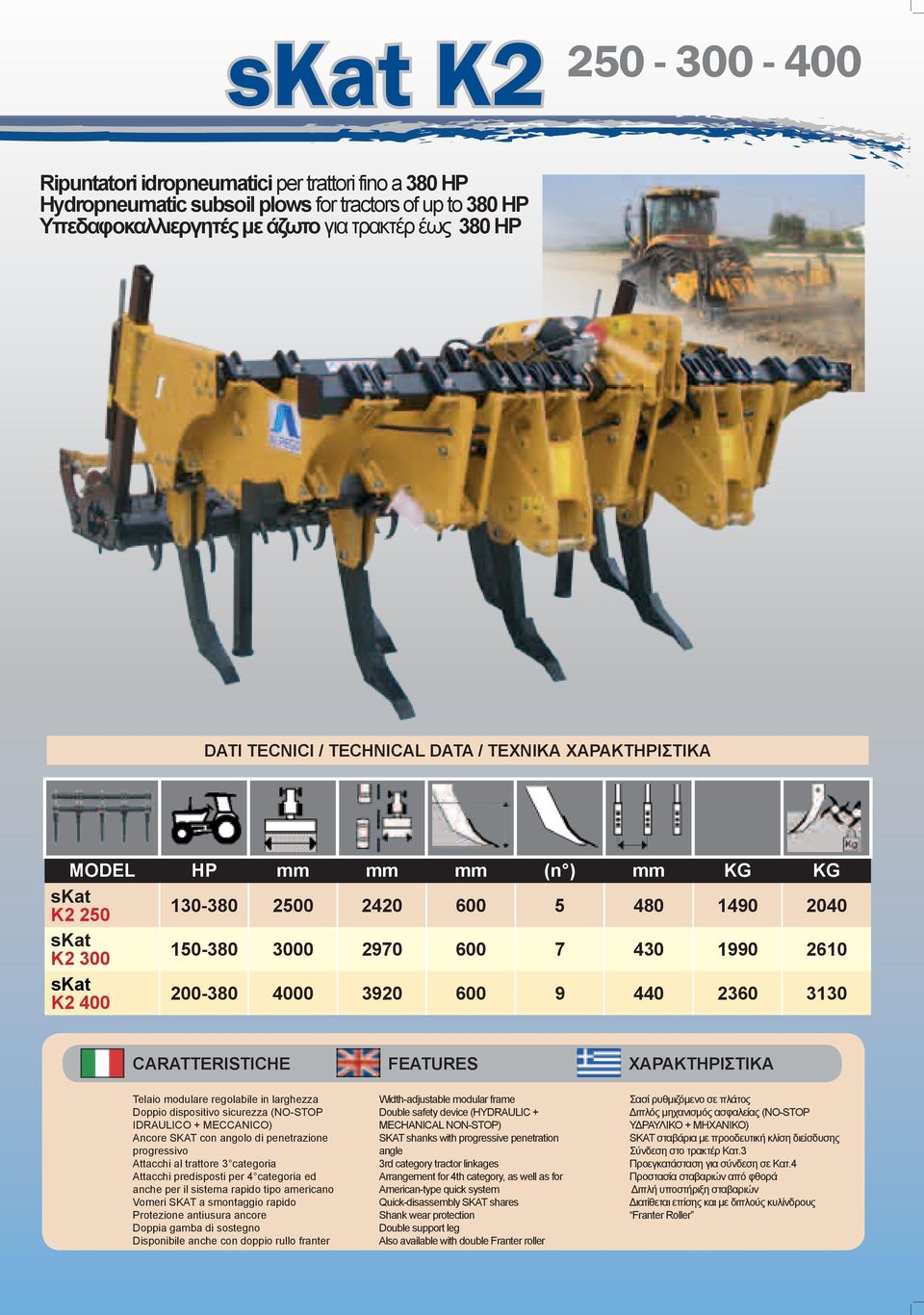 2360 3130 CARATTERISTICHE FEATURES ΧΑΡΑΚΤΗΡΙΣΤΙΚΑ Telaio modulare regolabile in larghezza Doppio dispositivo sicurezza (NO-STOP IDRAULICO + MECCANICO) Ancore SKAT con angolo di penetrazione