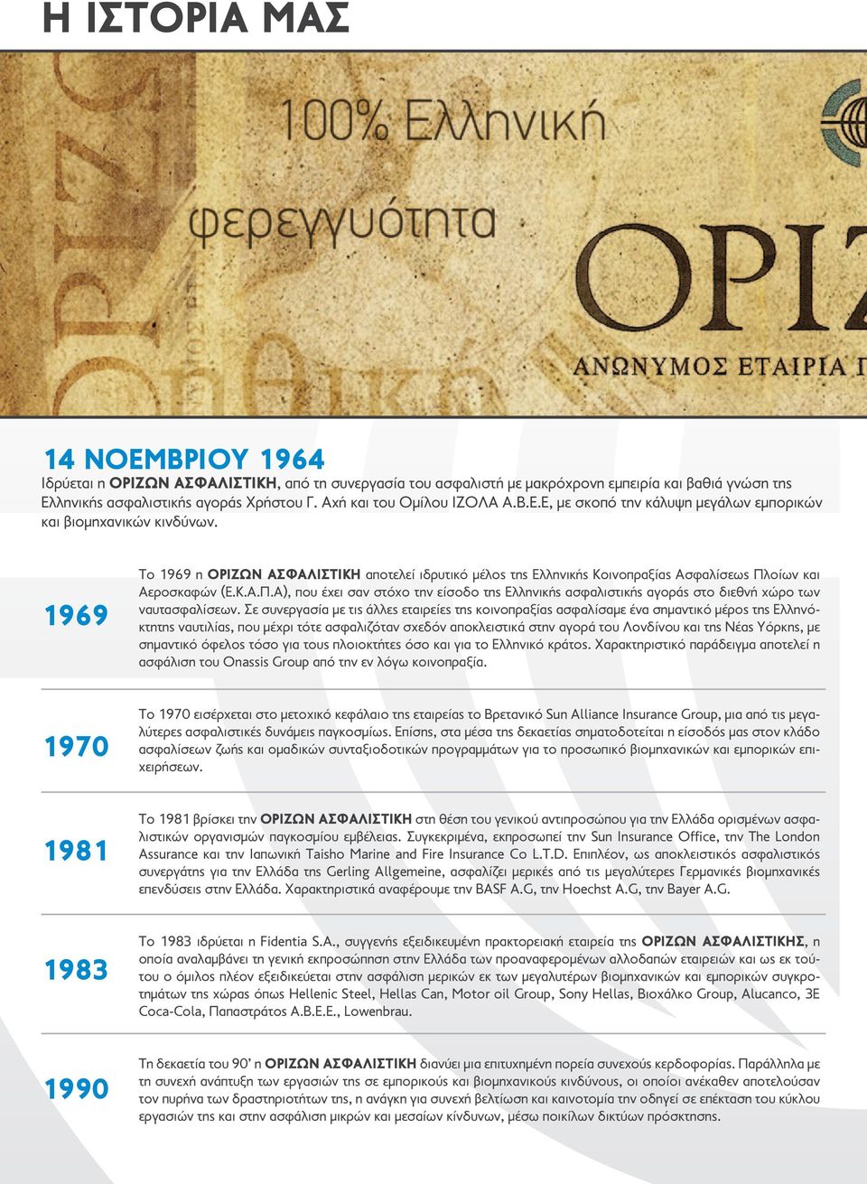 1969 Το 1969 η ΟΡΙΖΩΝ ΑΣΦΑΛΙΣΤΙΚΉ αποτελεί ιδρυτικό μέλος της Ελληνικής Κοινοπραξίας Ασφαλίσεως Πλ