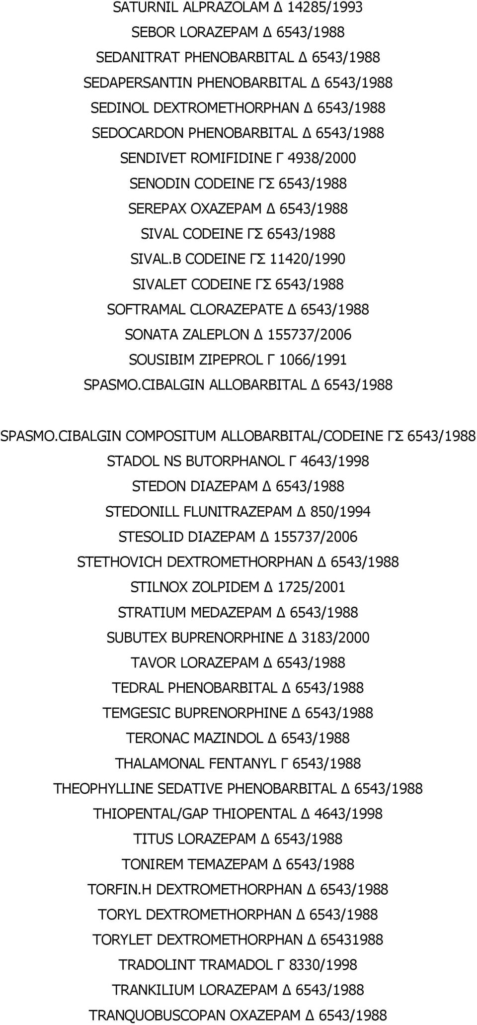 B CODEINE ΓΣ 11420/1990 SIVALET CODEINE ΓΣ 6543/1988 SOFTRAMAL CLORAZEPATE Δ 6543/1988 SONATA ZALEPLON Δ 155737/2006 SOUSIBIM ZIPEPROL Γ 1066/1991 SPASMO.CIBALGIN ALLOBARBITAL Δ 6543/1988 SPASMO.