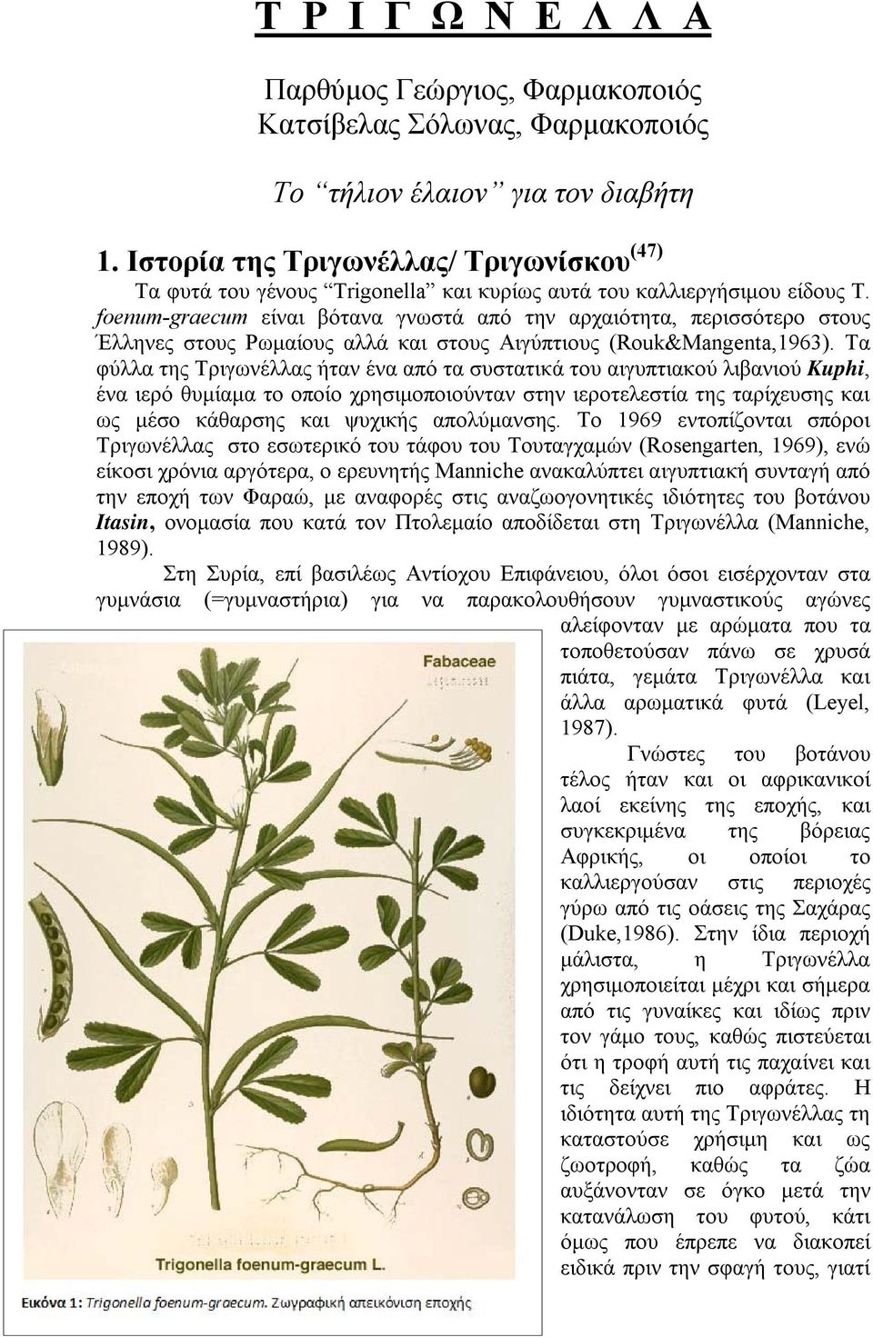 foenum-graecum είναι βότανα γνωστά από την αρχαιότητα, περισσότερο στους Έλληνες στους Ρωμαίους αλλά και στους Αιγύπτιους (Rouk&Mangenta,1963).