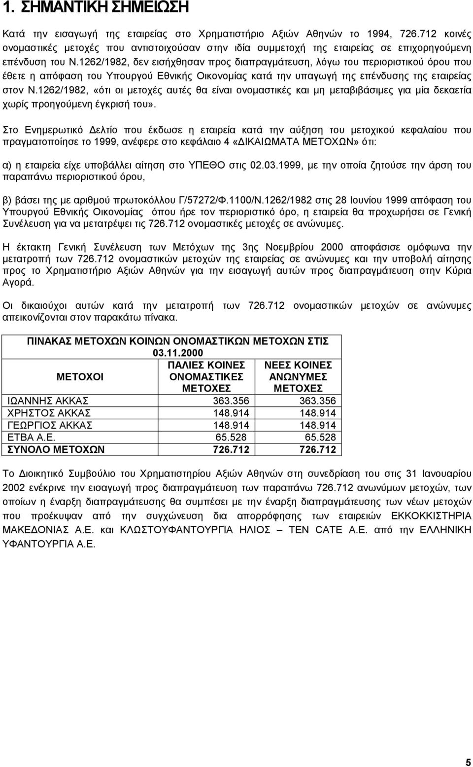 1262/1982, δεν εισήχθησαν προς διαπραγµάτευση, λόγω του περιοριστικού όρου που έθετε η απόφαση του Υπουργού Εθνικής Οικονοµίας κατά την υπαγωγή της επένδυσης της εταιρείας στον Ν.