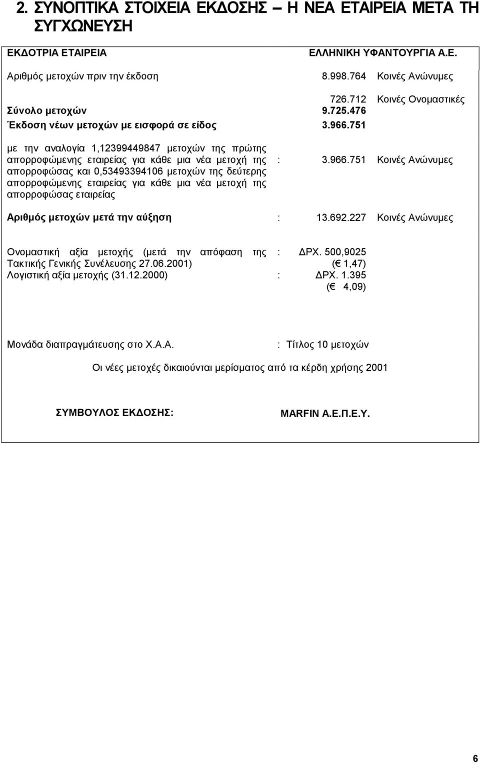 751 µε την αναλογία 1,12399449847 µετοχών της πρώτης απορροφώµενης εταιρείας για κάθε µια νέα µετοχή της απορροφώσας και 0,53493394106 µετοχών της δεύτερης απορροφώµενης εταιρείας για κάθε µια νέα