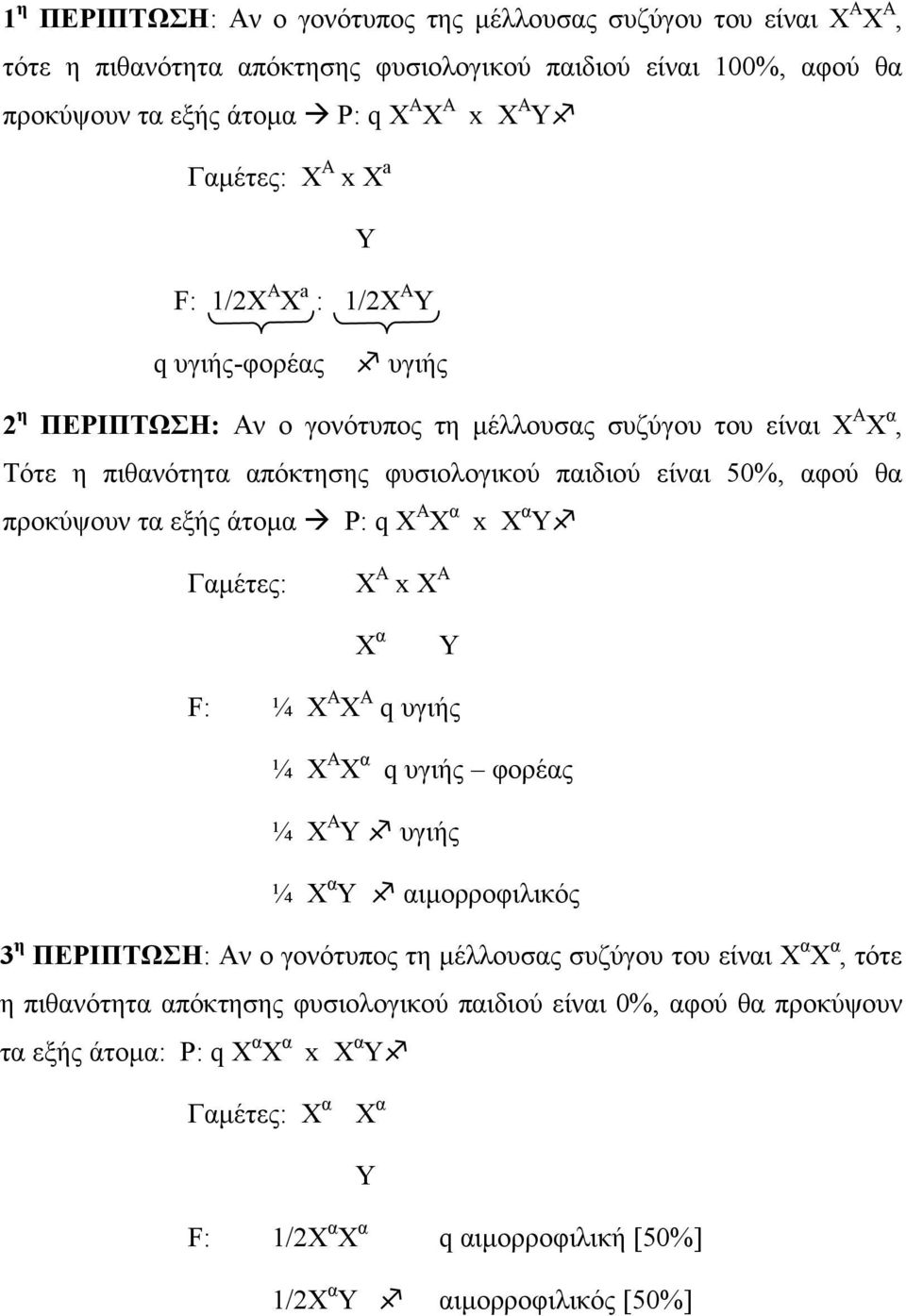 τα εξής άτοµα P: q X A X α x X α Y Γαµέτες: Χ Α x X Α Χ α Y F: ¼ Χ Α Χ Α q υγιής ¼ Χ Α Χ α q υγιής φορέας ¼ Χ Α Υ υγιής ¼ Χ α Υ αιµορροφιλικός 3 η ΠΕΡΙΠΤΩΣΗ: Αν ο γονότυπος τη µέλλουσας συζύγου του