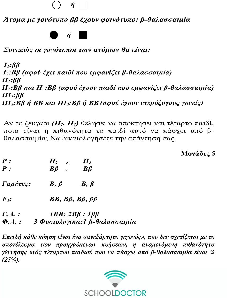 πιθανότητα το παιδί αυτό να πάσχει από β- θαλασσαιμία; Να δικαιολογήσετε την απάντηση σας. P : ΙΙ 2 x ΙΙ 3 P : Ββ x Ββ Γαμέτες: Β, β Β, β F 1 : Γ.Α.