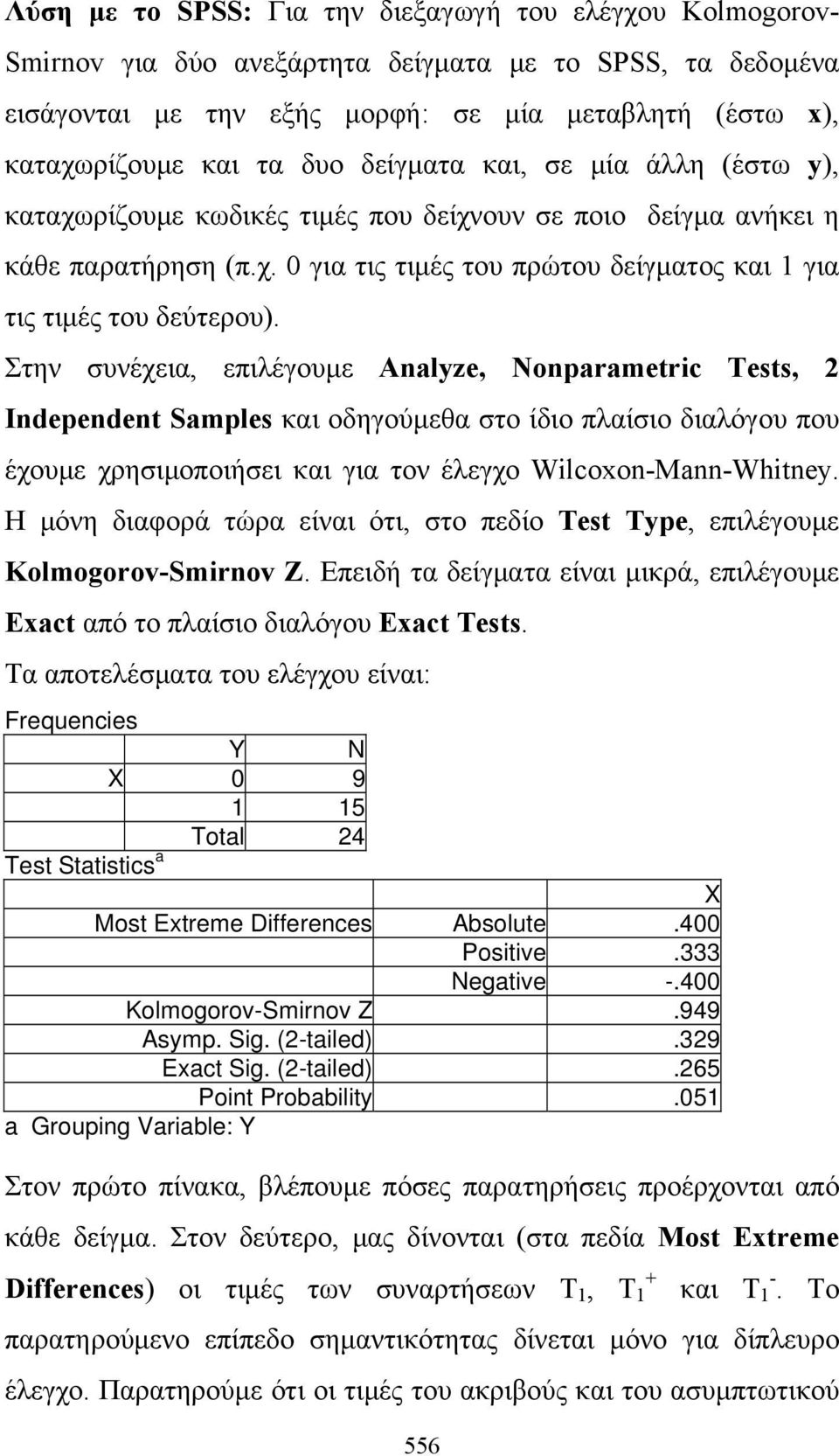 Στην συνέχεια, επιλέγουμε Analyze, Nonparametric Tests, Independent Samples και οδηγούμεθα στο ίδιο πλαίσιο διαλόγου που έχουμε χρησιμοποιήσει και για τον έλεγχο Wilcoxon-Mann-Whitney.