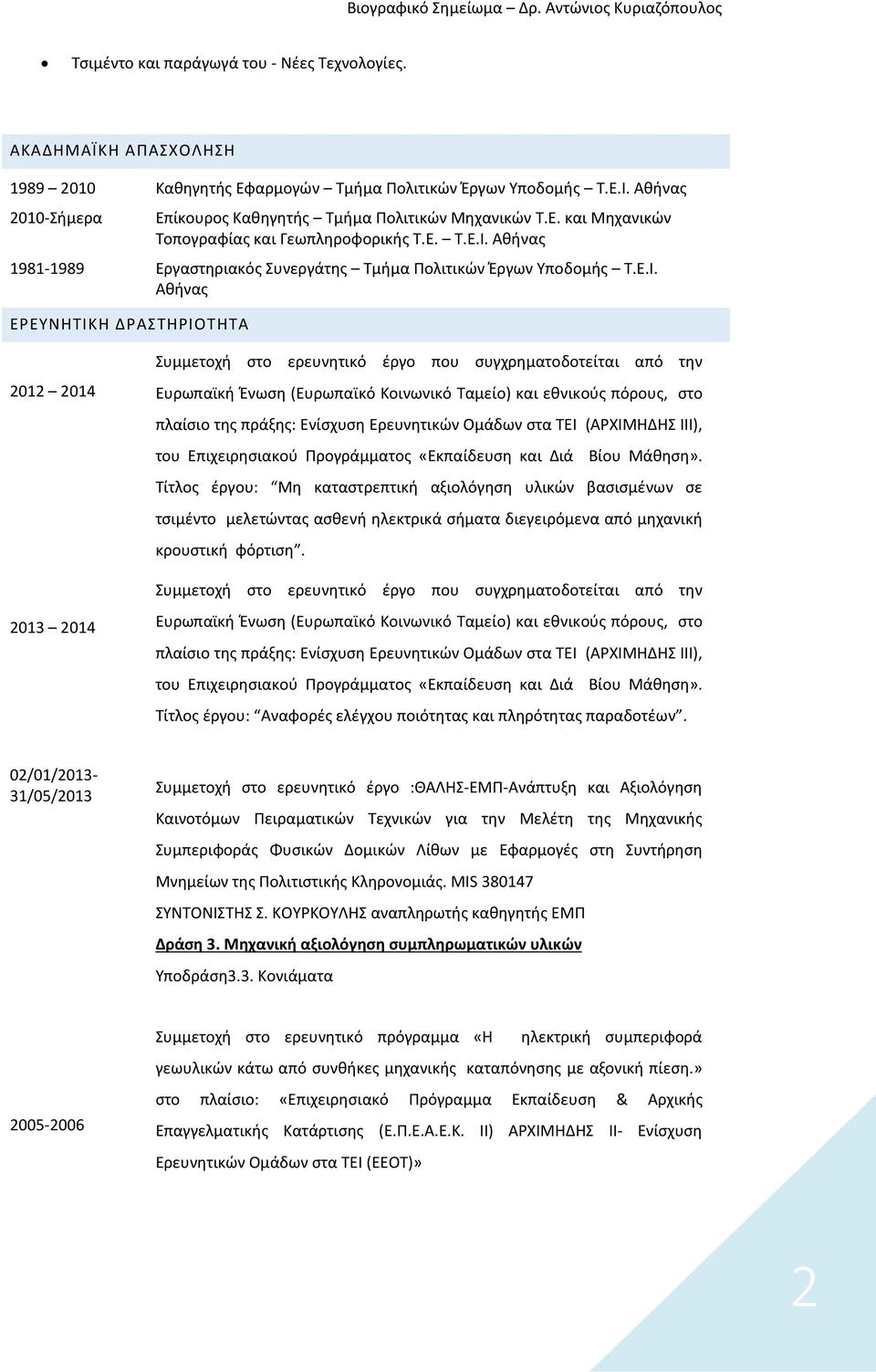 Αθήνας 1981-1989 Εργαστηριακός Συνεργάτης Τμήμα Πολιτικών Έργων Υποδομής Τ.Ε.Ι.