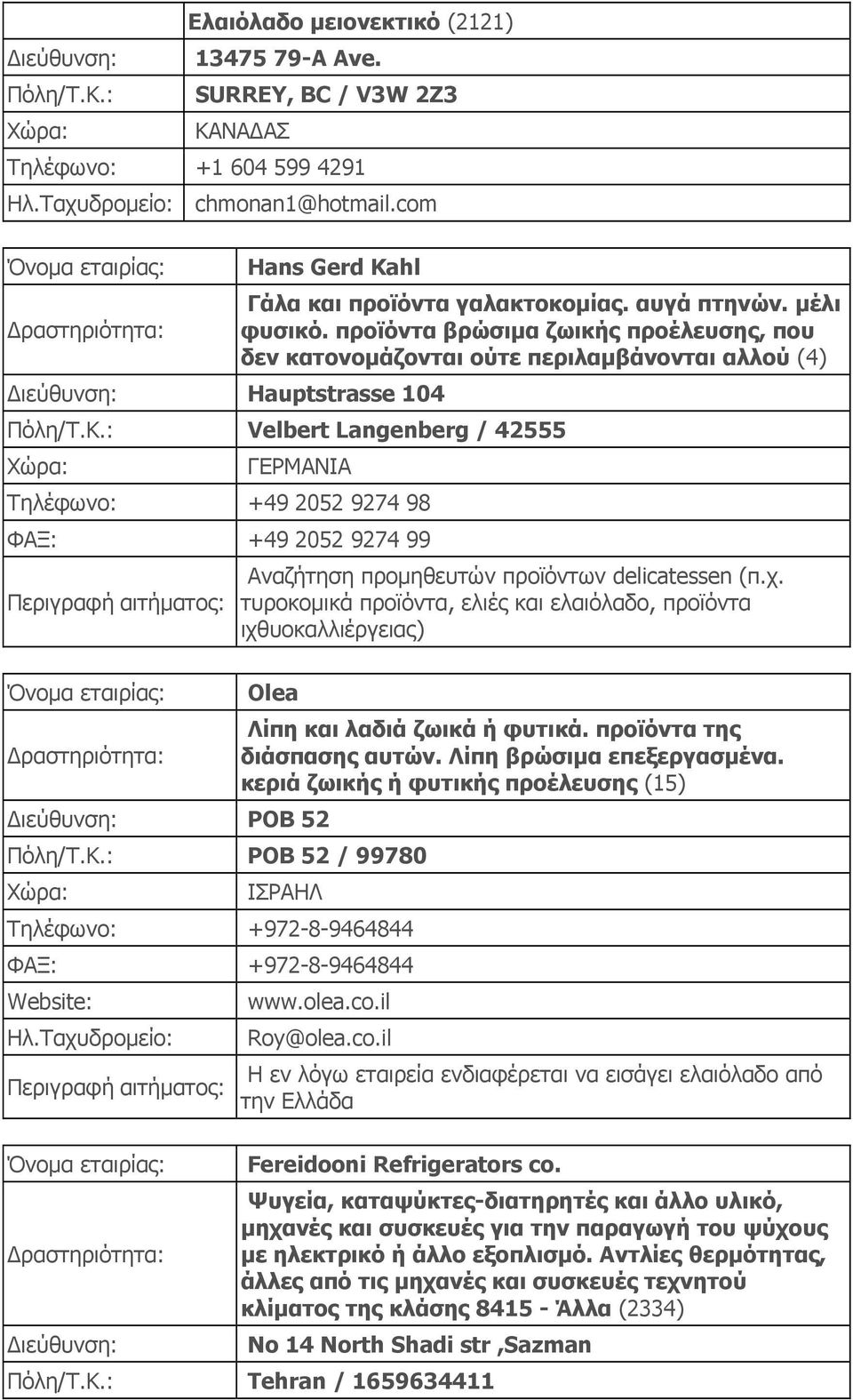 : Velbert Langenberg / 42555 ΓΕΡΜΑΝΙΑ Τηλέφωνο: +49 2052 9274 98 ΦΑΞ: +49 2052 9274 99 Αναζήτηση προµηθευτών προϊόντων delicatessen (π.χ.