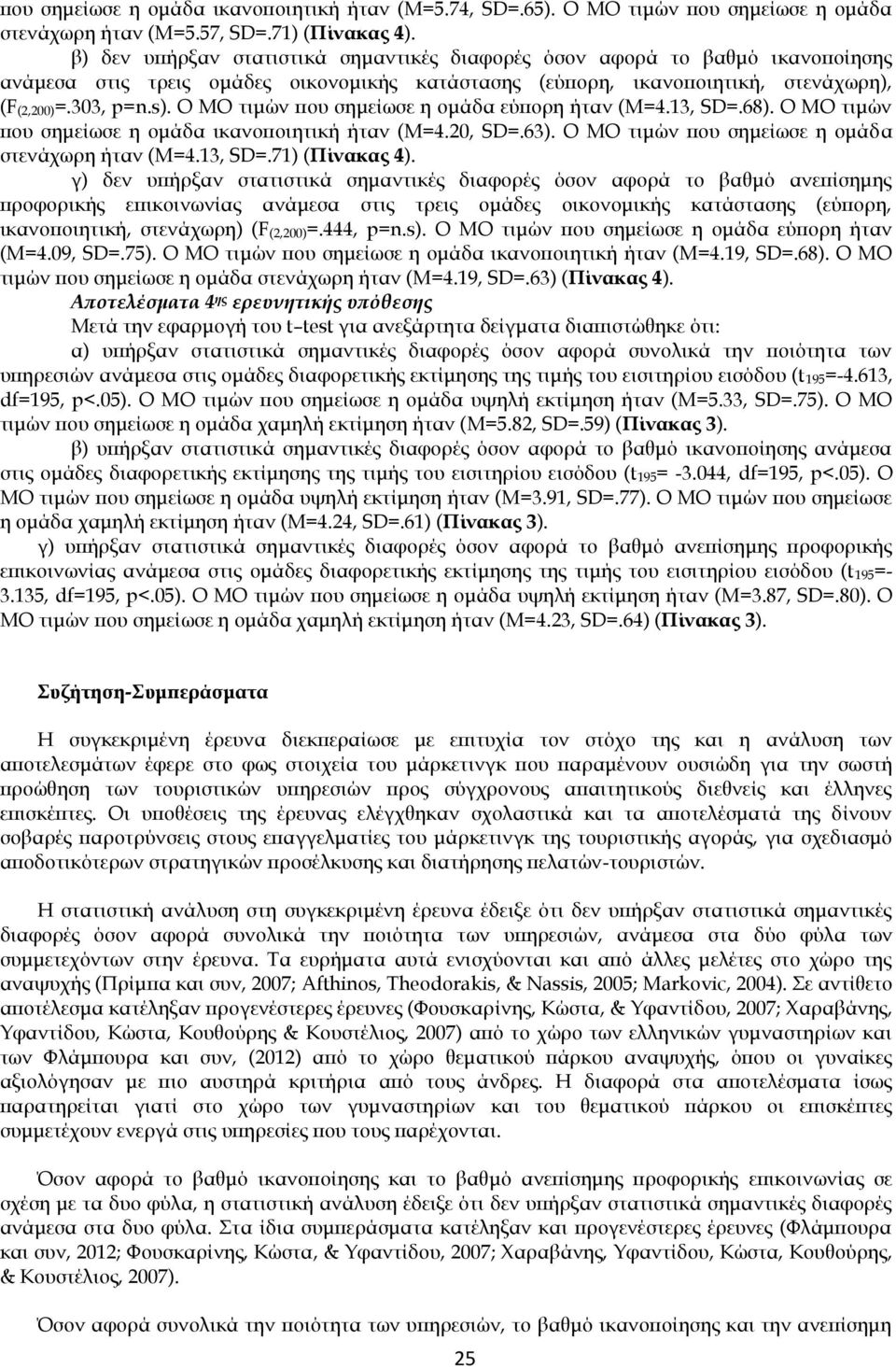 Ο ΜΟ τιμών που σημείωσε η ομάδα εύπορη ήταν (Μ=4.13, SD=.68). Ο ΜΟ τιμών που σημείωσε η ομάδα ικανοποιητική ήταν (Μ=4.20, SD=.63). Ο ΜΟ τιμών που σημείωσε η ομάδ α στενάχωρη ήταν (Μ=4.13, SD=.71) (Πίνακας 4).